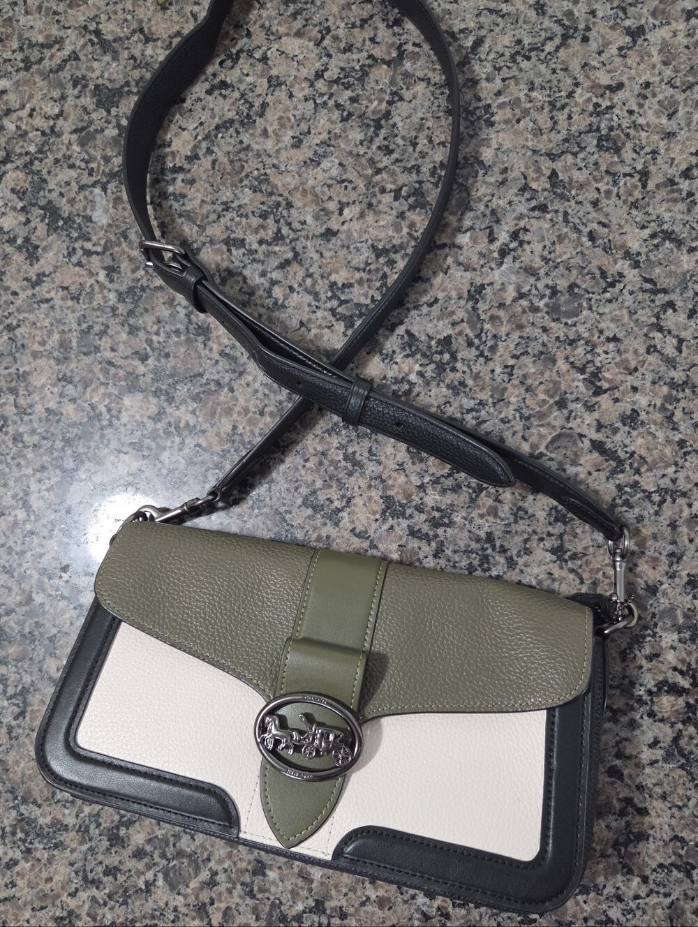 Coach Georgie Crossbody Bag Colorblock Pebbled Leather Kelp Green Black & Chalk